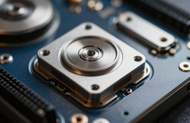 A macro photograph of computer hardware components, featuring clean metallic textures and deep navy lighting, highlighting technical precision.