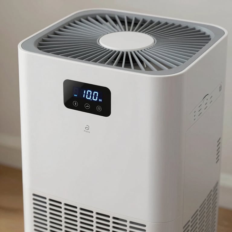 A close-up of a high-tech dehumidifier operating in a residential setting in Miami, Florida, with a focus on its digital display.
