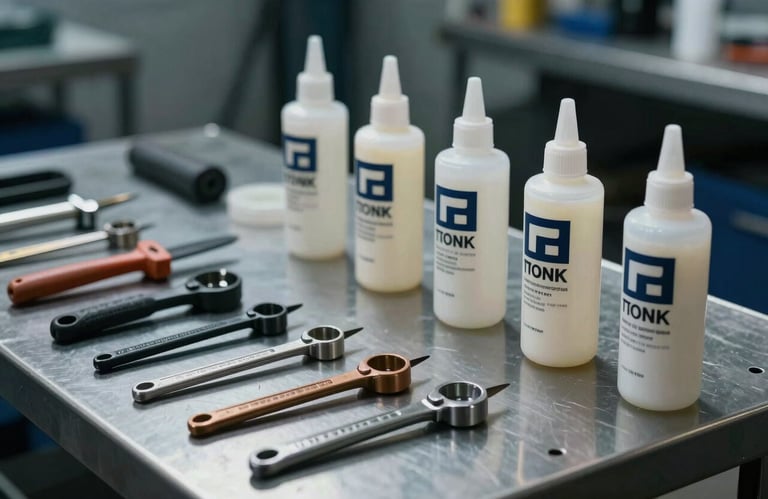 A close-up of professional auto glass replacement tools and high-grade adhesive containers arranged neatly on a metallic workbench. The lighting is cool and professional, featuring off-white and dark blue tones.