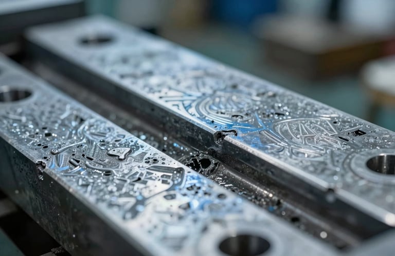 A macro photograph focusing on the intricate details of a metal mold's surface. The texture shows industrial precision with steel blue reflections. Professional lighting in a Middle Eastern / Turkish factory setting.