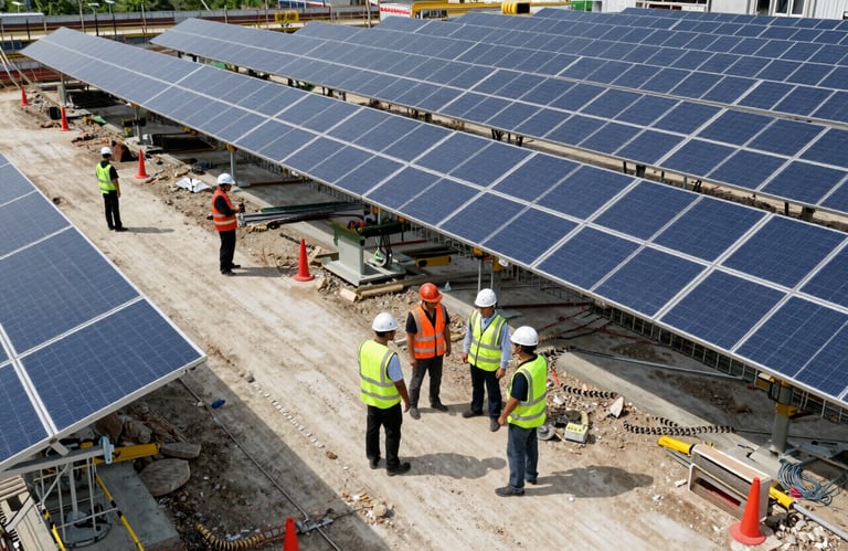 A high-angle shot of a construction site for a renewable energy project, showing organized coordination and safety in a clean environment.