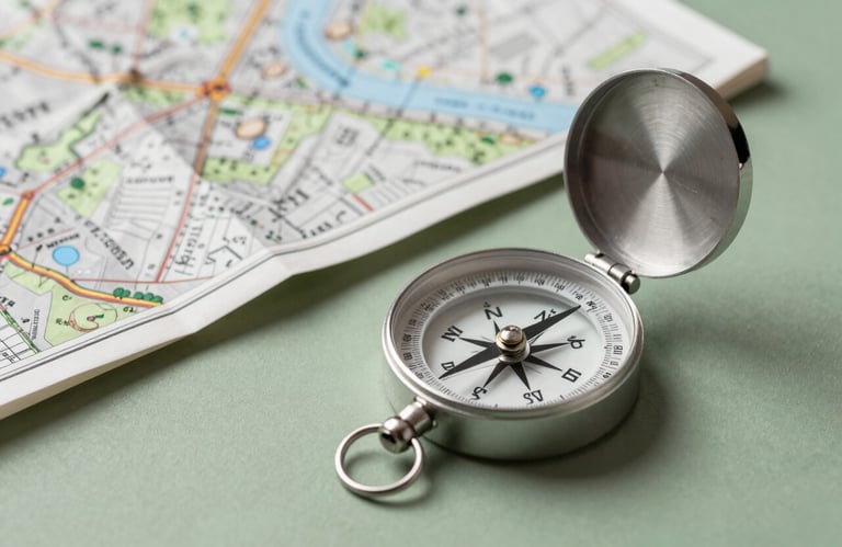 A professional portrait-style photo of a silver compass and a map, used for land acquisition, resting on a table colored in soft sage green.