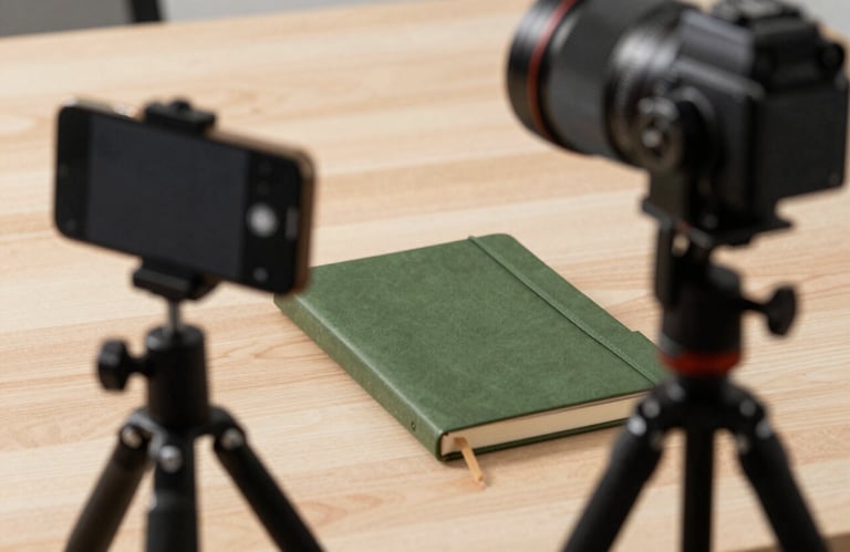 A professional content creator's workspace in North American / US, featuring a smartphone on a tripod and a Matte Forest Green notebook.