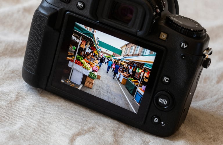 A high-quality close-up of a digital camera displaying a photo of a modern food market in North American / US, resting on a Crisp Parchment linen cloth.