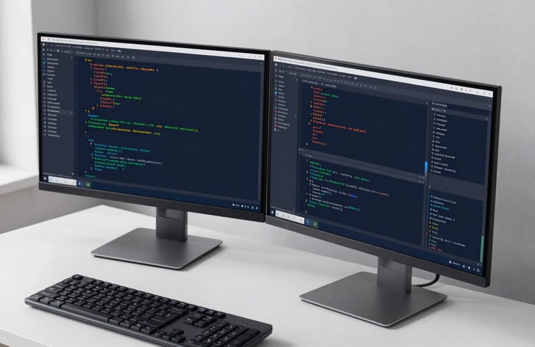 A close-up of a high-end workstation with dual monitors showing code and system architecture, clean white desk, dark navy blue accents, soft morning light.