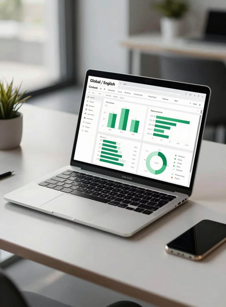 A high-end laptop on a minimalist desk displaying a clean CRM dashboard with green accent charts, soft natural lighting in a premium corporate office, Global / English-speaking workspace.