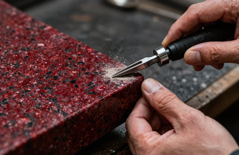 A macro shot of a craftsman's hands using a professional tool to polish the edge of a ruby red and black granite slab, dust particles catching the light.