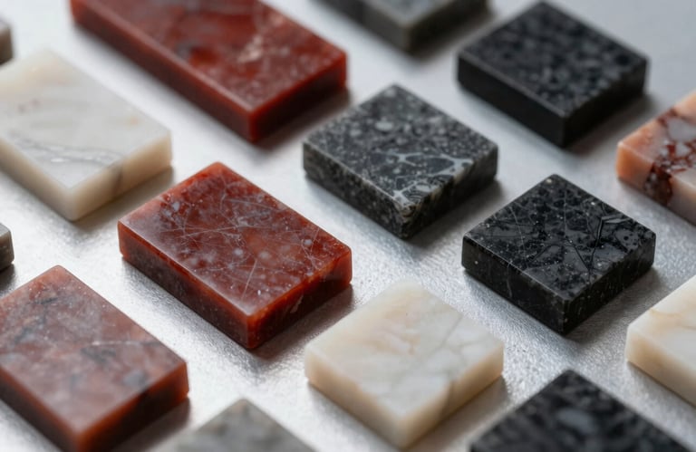 Close-up of a variety of marble samples in different shades of ruby red, charcoal black, and pearl white, arranged neatly on a silver grey surface.