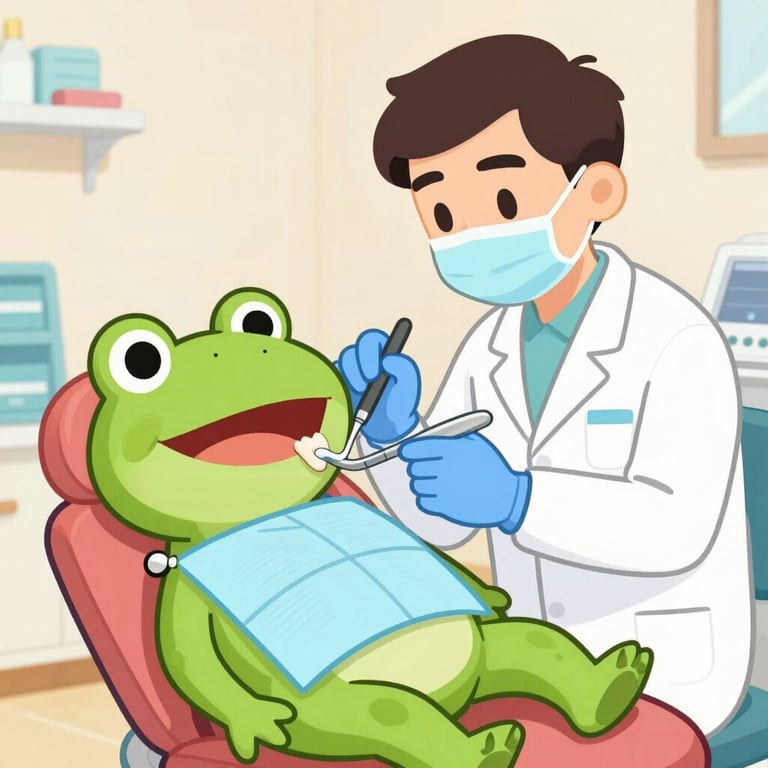 A friendly dentist gently examining a child's teeth in a bright, colorful dental office.