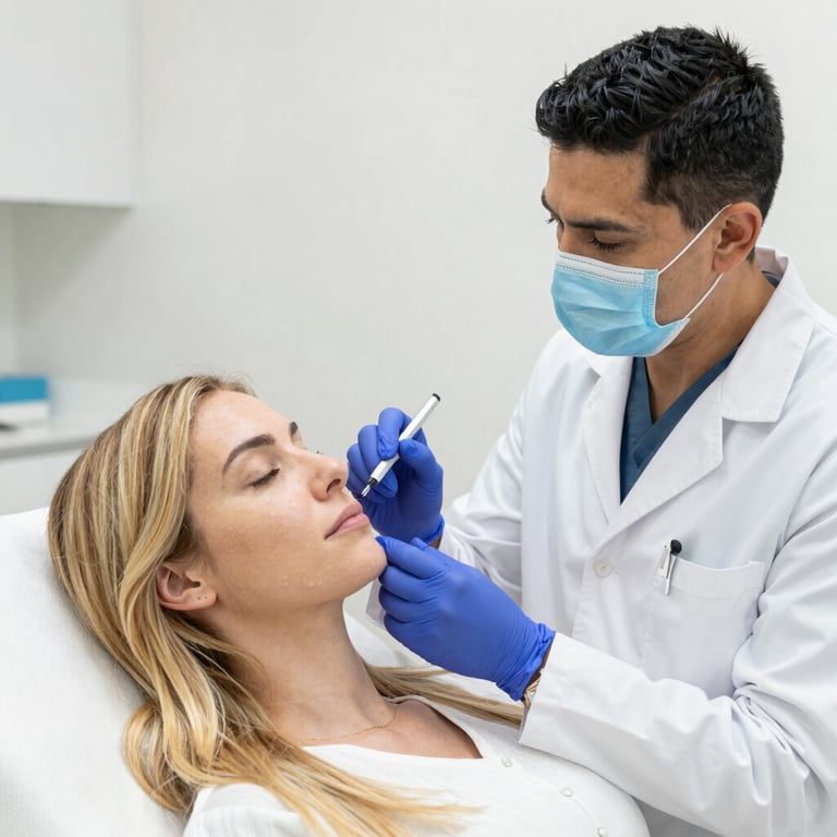 Close-up of a patient smiling while receiving a teeth whitening treatment with modern equipment.
