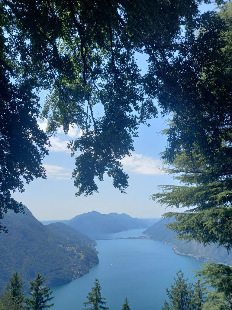 View from the top of Monte Brè of Lake Lugano and surrounding mountains