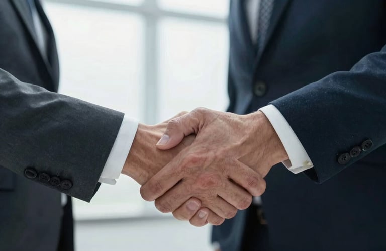A close-up of a firm, professional handshake between two business partners in a sleek North American corporate setting. High-end professional attire and natural, bright lighting.