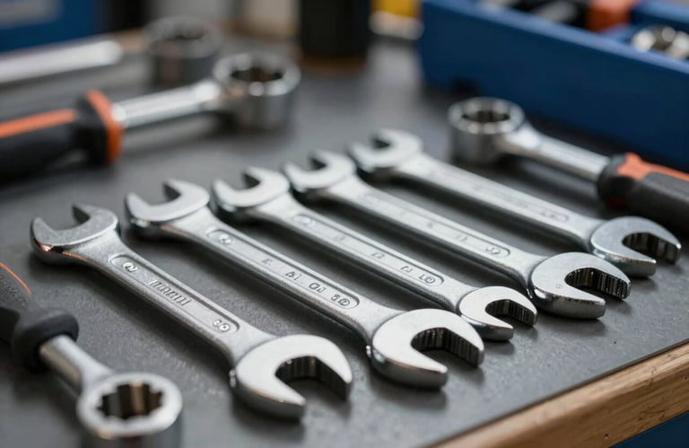 A set of high-quality professional wrenches and garage door parts organized neatly on a workbench, symbolizing precision and preparedness. The background has soft depth of field, with hints of the brand's dark blue palette.