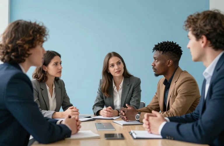 A group of diverse people in business casual attire having an engaging discussion in a bright, sky blue conference room.
