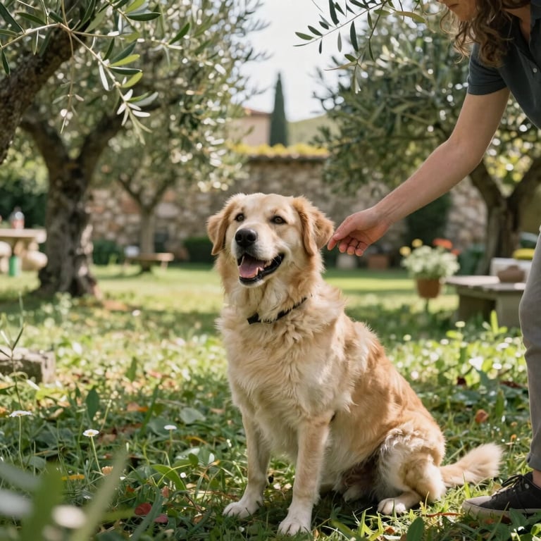 A happy dog being gently cared for by a sitter in a lush, sun-drenched Italian garden with olive trees and stone walls.