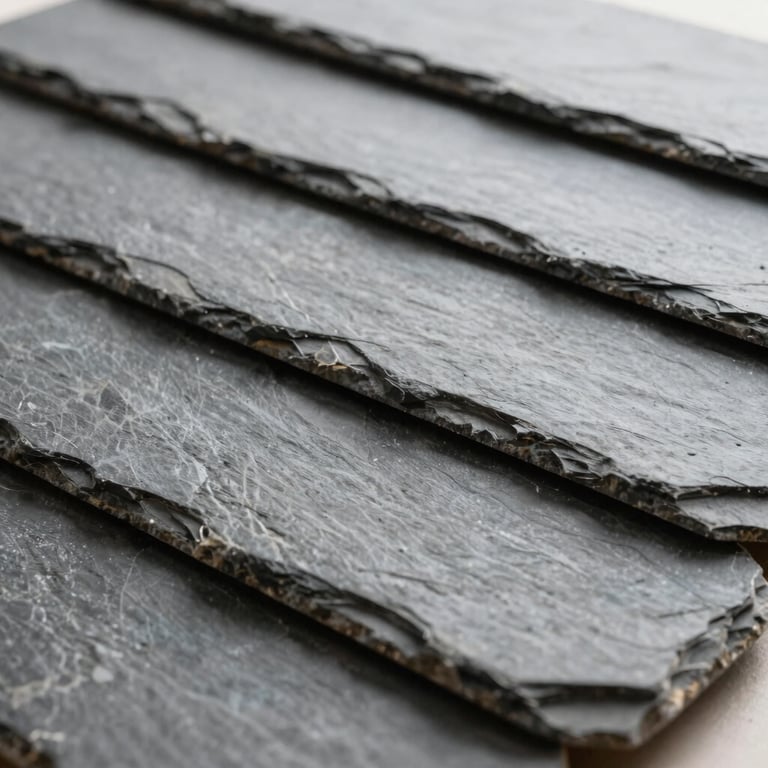 Close-up texture of high-quality natural slate roof tiles with elegant textures, soft natural lighting.