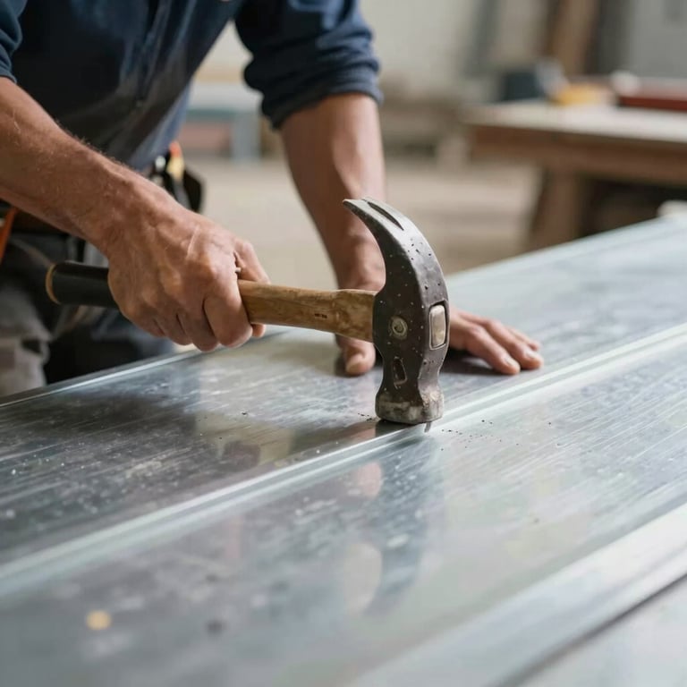 A pair of professional roofer's hands using a traditional hammer to shape a metal sheet in a professional artisanal workshop.