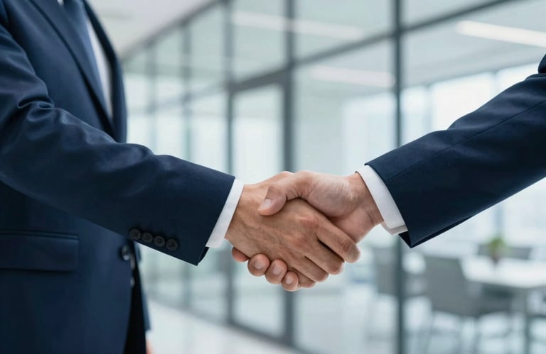 Two business professionals shaking hands in a bright, modern glass office. The shot is focused on the hands, symbolizing partnership. Brand colors #0A192A and #98AFC0 are used in their attire and the environment.