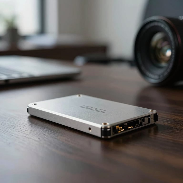 Macro photograph of a high-end, silver hardware security module sitting on a dark executive desk in a professional US office environment.
