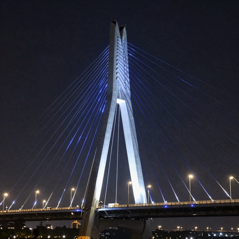 A long-exposure nighttime photograph of a modern suspension bridge with deep blue illuminated cables, symbolizing secure and strong connectivity.
