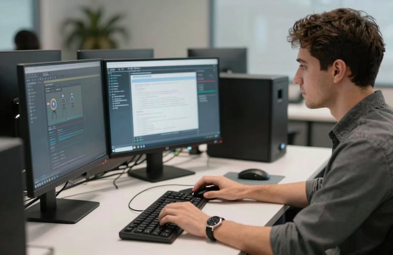 A focused North American professional working with multiple sleek monitors in a high-tech workspace, emphasizing efficiency and modern tech.