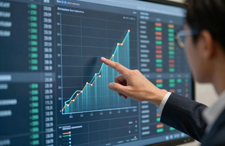 A sharp, professional photograph of a person in a North American / US corporate setting pointing at a digital data chart. The color palette includes muted steel blue and dark slate blue tones.
