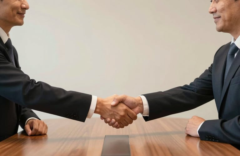Two business professionals in a North American / US office shaking hands across a conference table. The scene exudes trust and expertise, with soft cream and warm terracotta lighting.