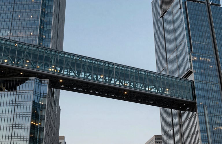 Modern architectural detail of a glass and steel bridge connecting two financial towers, symbolic of transatlantic connection, North American / European business context, evening lighting.
