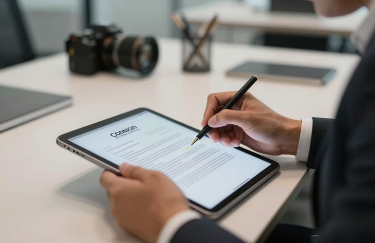 A close-up of a professional in a modern office signing a digital contract on a tablet, focusing on sophisticated attire and a North American / European business setting.