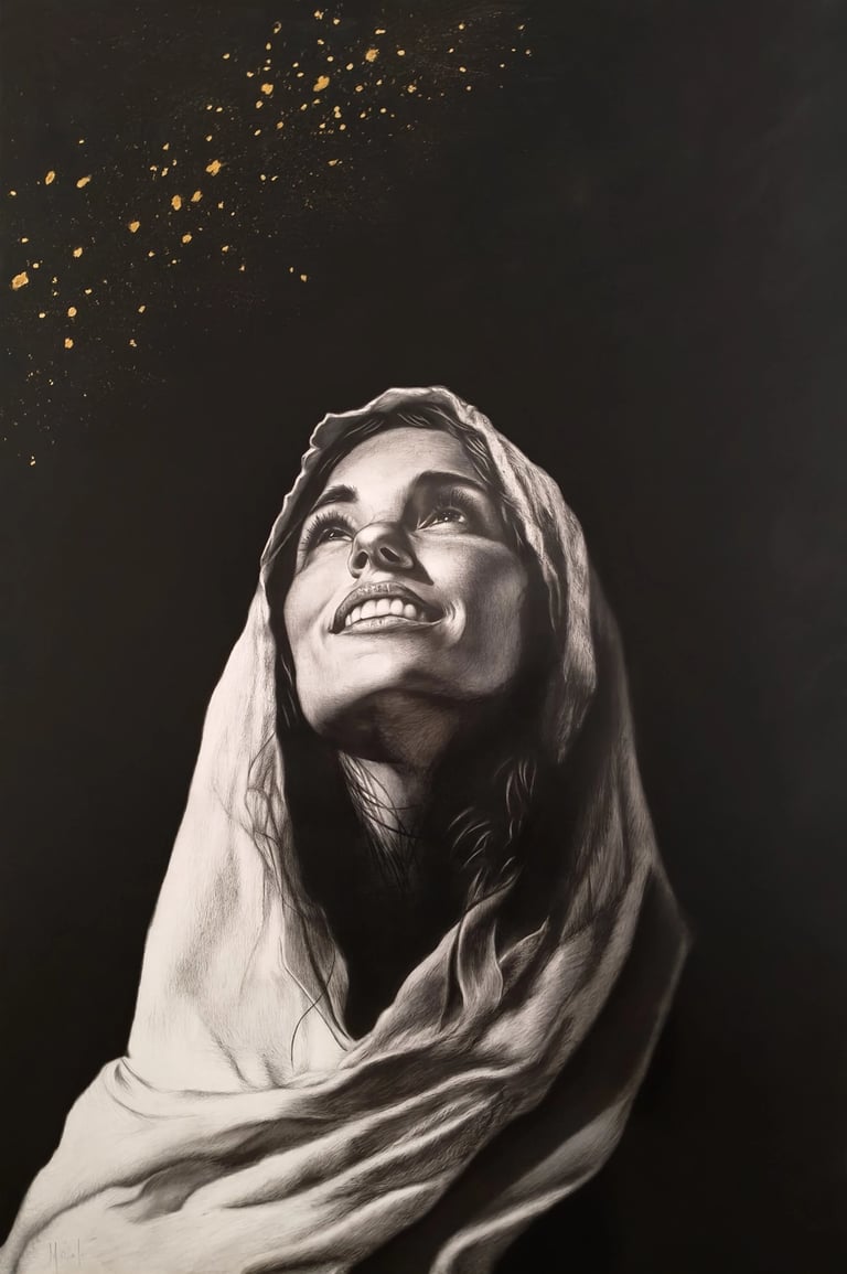 Retrato Hiperrealista de la Virgen de la Esperanza hecho en Acrílico, lápiz, carboncillo y pan de Oro. (Juan Martín Villate)