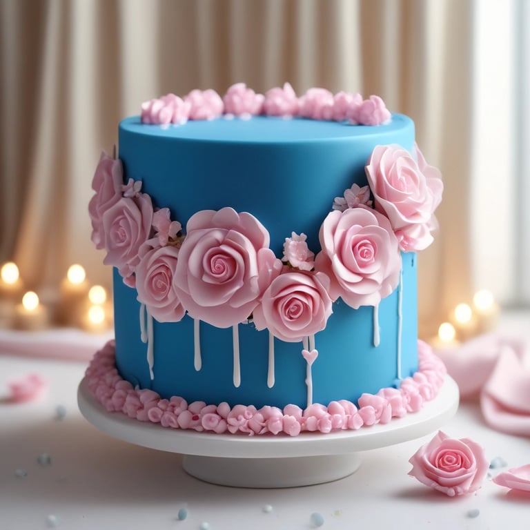 A vibrant birthday party setup featuring colorful balloons, a decorated cake, and wrapped gifts.