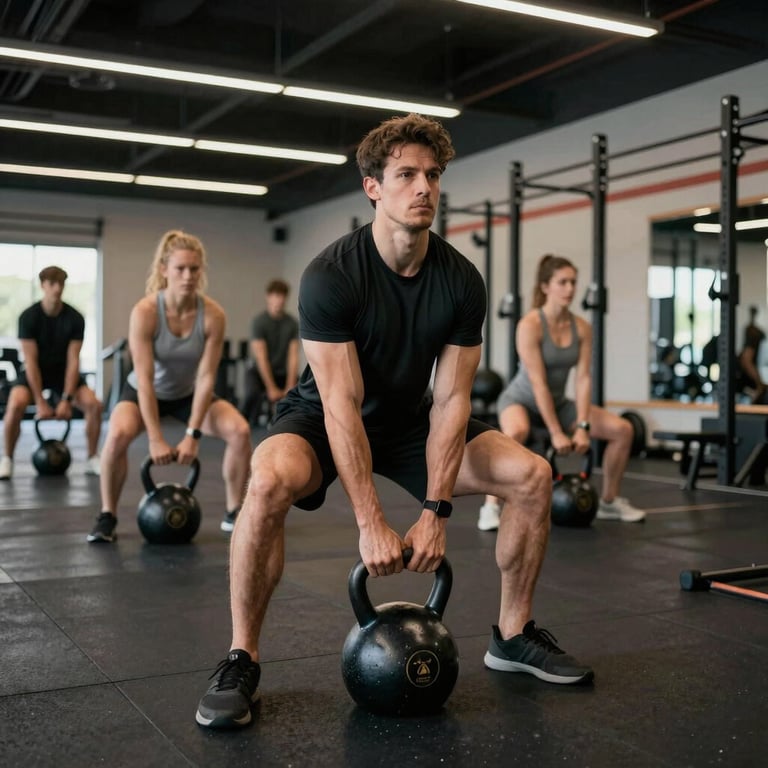 A focused athlete performing kettlebell swings during a group training session in a spacious, premium North American fitness facility, modern dynamism.
