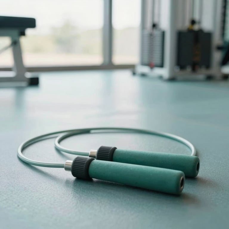 High-quality shot of modern training equipment and a jump rope on a clean gym floor in North America, soft morning light, teal and mint white highlights.