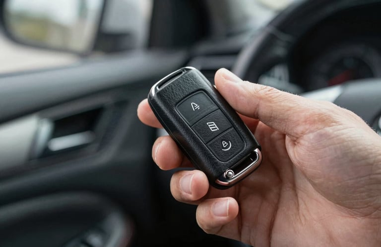 Close-up of a hand holding a modern car key with a sleek leather fob, North American / US setting, bokeh background of a clean car interior.