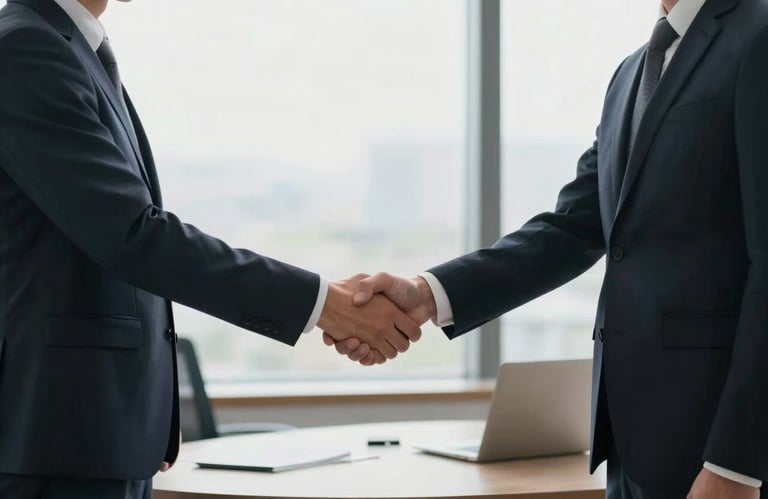 Two professionals in corporate attire shaking hands across a clean minimalist desk in a bright office, North American / US, soft natural light.