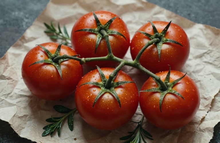 A beautiful overhead shot of deep ripe crimson tomatoes and dark green herbs resting on a rustic crisp parchment paper.