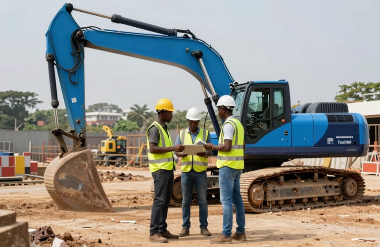 Construction site in Côte d'Ivoire with professional West African engineers in safety gear, modern machinery, bright daylight, medium blue and dark navy blue equipment accents.