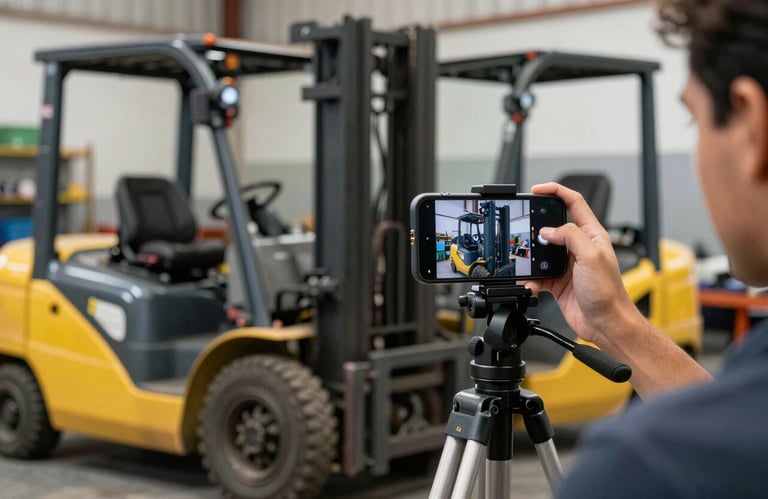 A person filming a technical demonstration on a smartphone mounted on a tripod in a workshop, showing educational content creation for forklift maintenance, Brazilian setting.