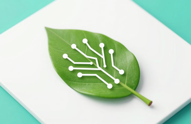 A symbolic image of a green leaf containing a digital circuit pattern, placed on a clean white surface with teal accents #2D6F7C. Soft, natural lighting creates a trustworthy and innovative atmosphere.
