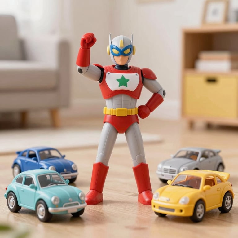 A colorful display of educational toys including puzzles, STEM kits, and brain games arranged on a wooden table.