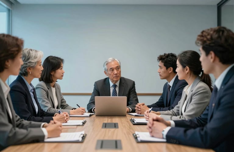 A group of diverse professionals in a North American / US boardroom discussing safety policy, authoritative atmosphere, soft ice blue lighting.