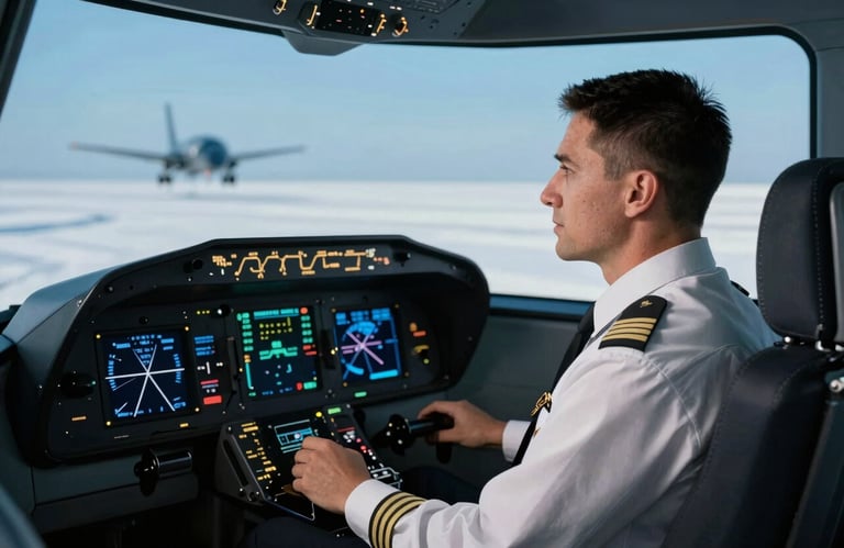 A pilot training in a state-of-the-art flight simulator in a North American / US facility, focused expression, lit by the soft ice blue glow of instrument panels.
