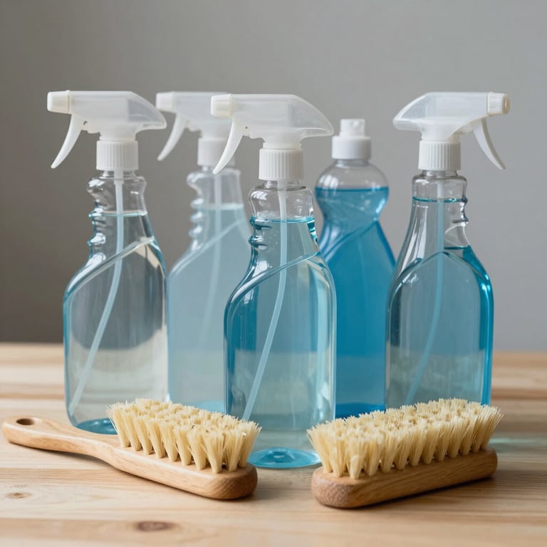 A still-life photograph of eco-friendly cleaning supplies arranged neatly on a light wood surface. Transparent spray bottles filled with blue liquid and a wooden-handled brush. Soft, natural lighting creates a trustworthy and professional feel, using light gray and blue colors.