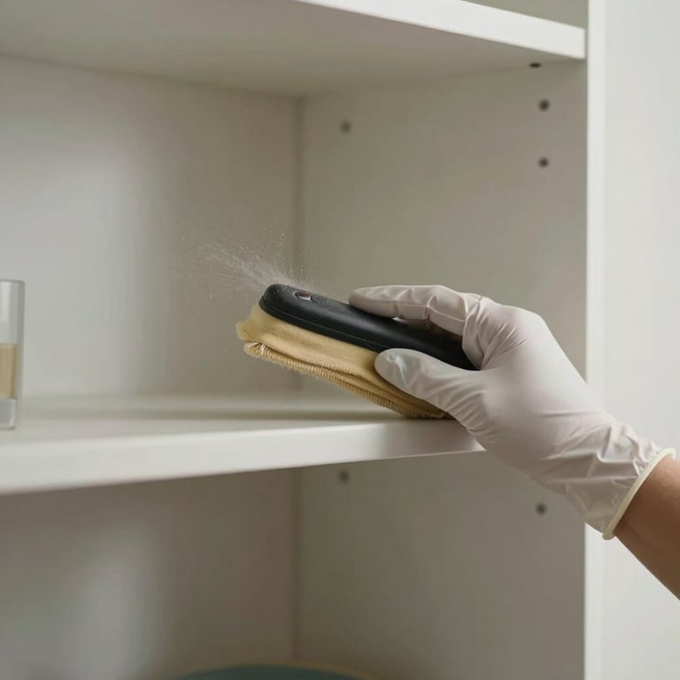 A close-up of a hand wearing a white protective glove carefully dusting a minimalist modern shelving unit in a North American home. The focus is on the precision of the movement and the dust-free surface. Lighting is soft and natural, emphasizing a sense of efficiency.