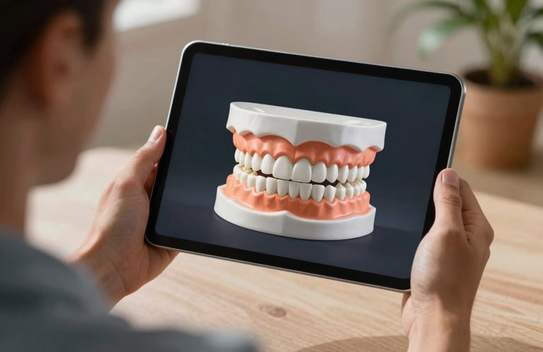 A person's hands holding a tablet showing a 3D dental model in a cozy, sunlit South American setting, empathetic professional style.