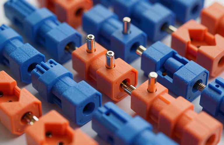 Close-up of industrial plugs and sockets arranged in a geometric pattern, showcasing high-quality plastic and metal finishes in blue and orange.