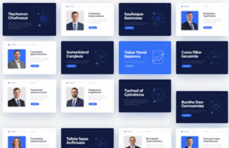 A sleek grid of presentation template thumbnails, showing diverse professional layouts for finance, tech, and academics. High-contrast #0D1117 and #F0F6FC aesthetic.