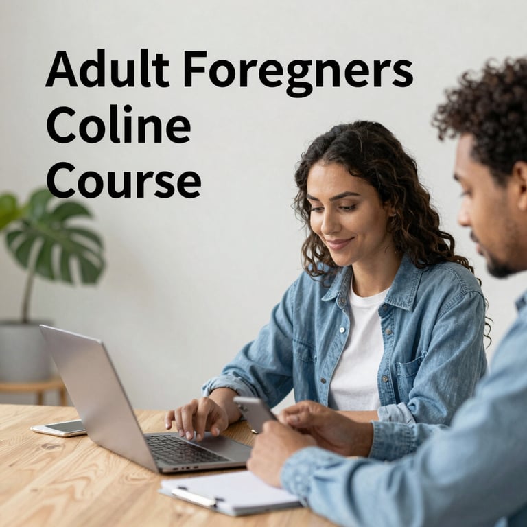 Adult students using a laptop and phone for an online foreign language course.