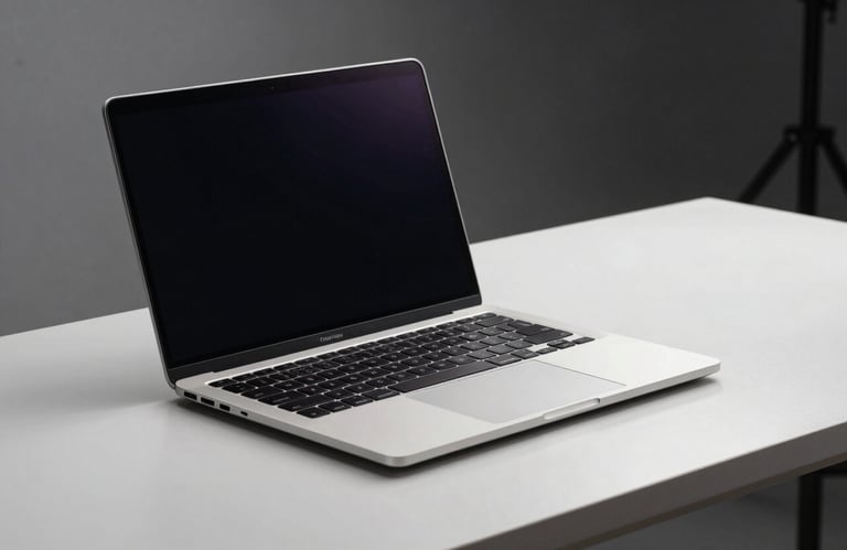 A high-quality studio photograph of a premium laptop sitting on a clean, Cloud White desk, reflecting a professional and results-oriented mood.