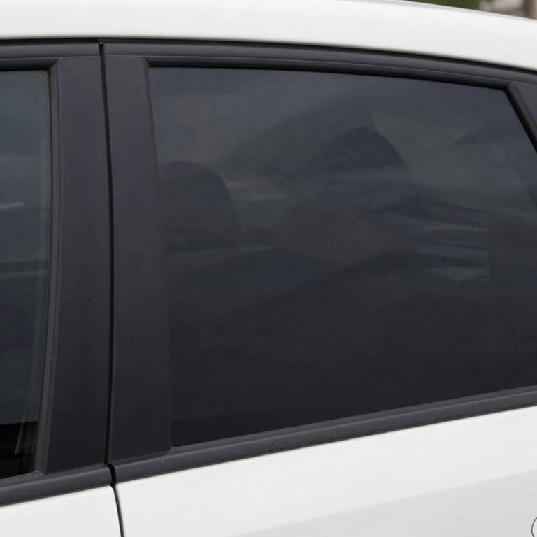 Close-up of a sleek car with freshly applied dark window tint reflecting sunlight.